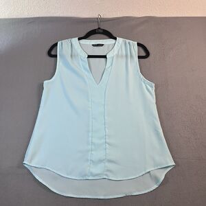 Shein Teal Light Blue Sheer Sleeveless Split V Neck Top Blouse Womens Size S